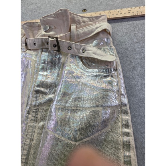 Zara Silver Metallic Holographic Denim Maxi Skirt with Belt Ecru Womens XS 24 - Picture 5 of 14